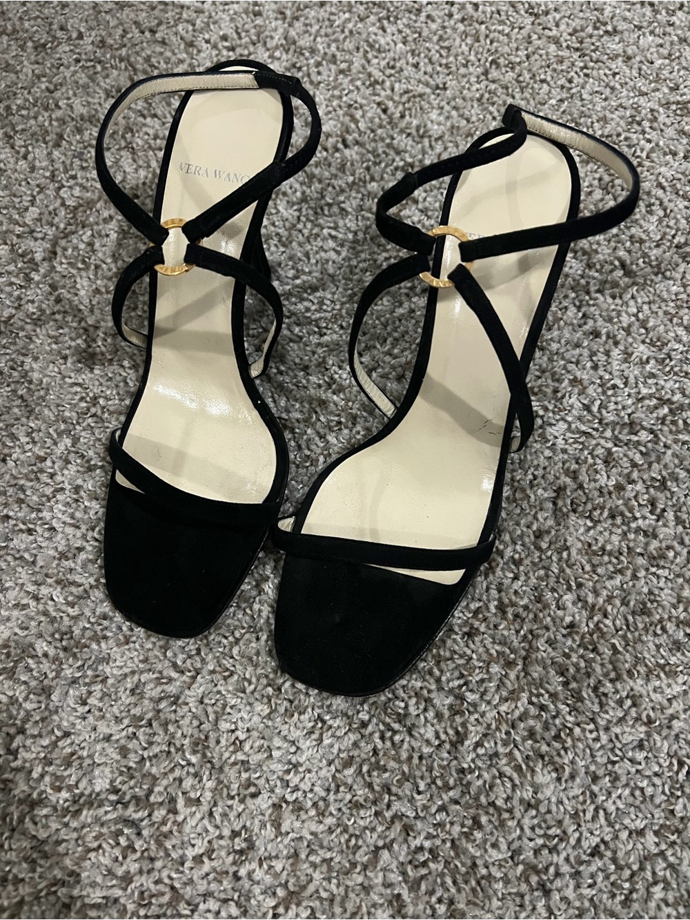 Vera Wang Black Suede Strappy Ankle-Heel Sandals with Gold Ring